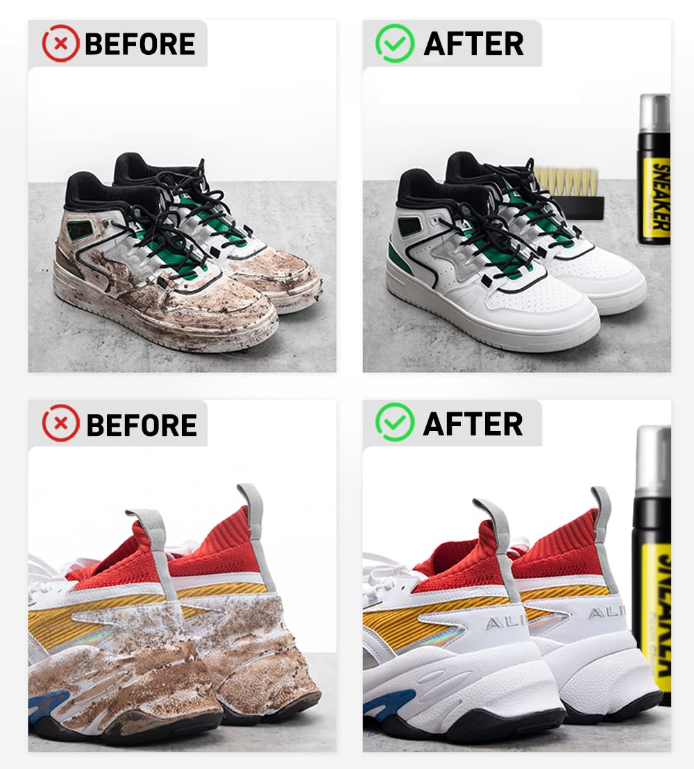 Before and after cleaning shoes using waterless shoe cleaning foam showing dirty and restored white sneakers