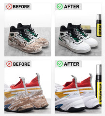 Before and after cleaning shoes using waterless shoe cleaning foam showing dirty and restored white sneakers