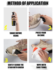 Step-by-step method of application for waterless shoe cleaning foam on beige sneakers using brush and shoe towel