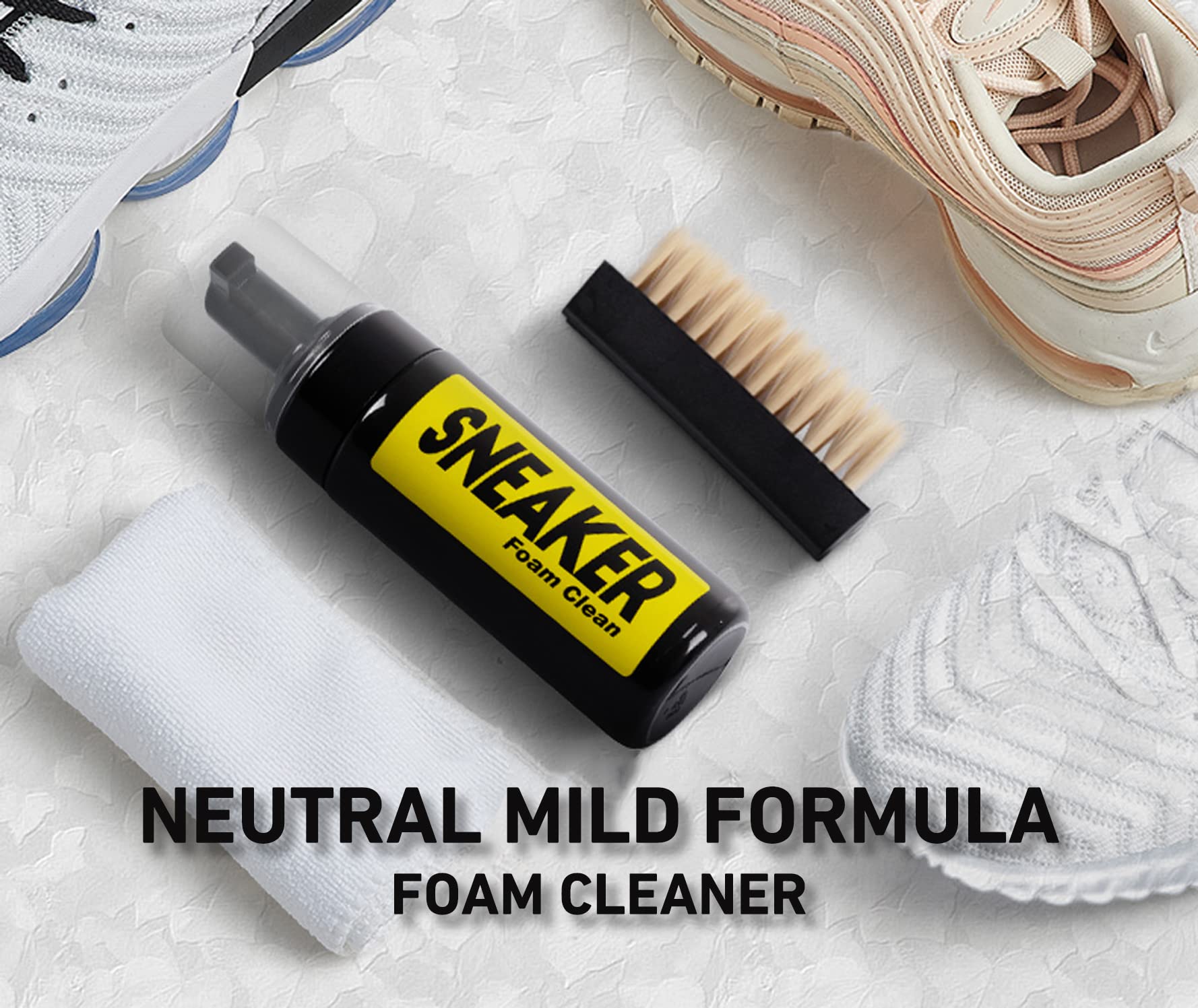 Waterless shoe cleaning foam with brush and towel set for sneaker care and cleaning