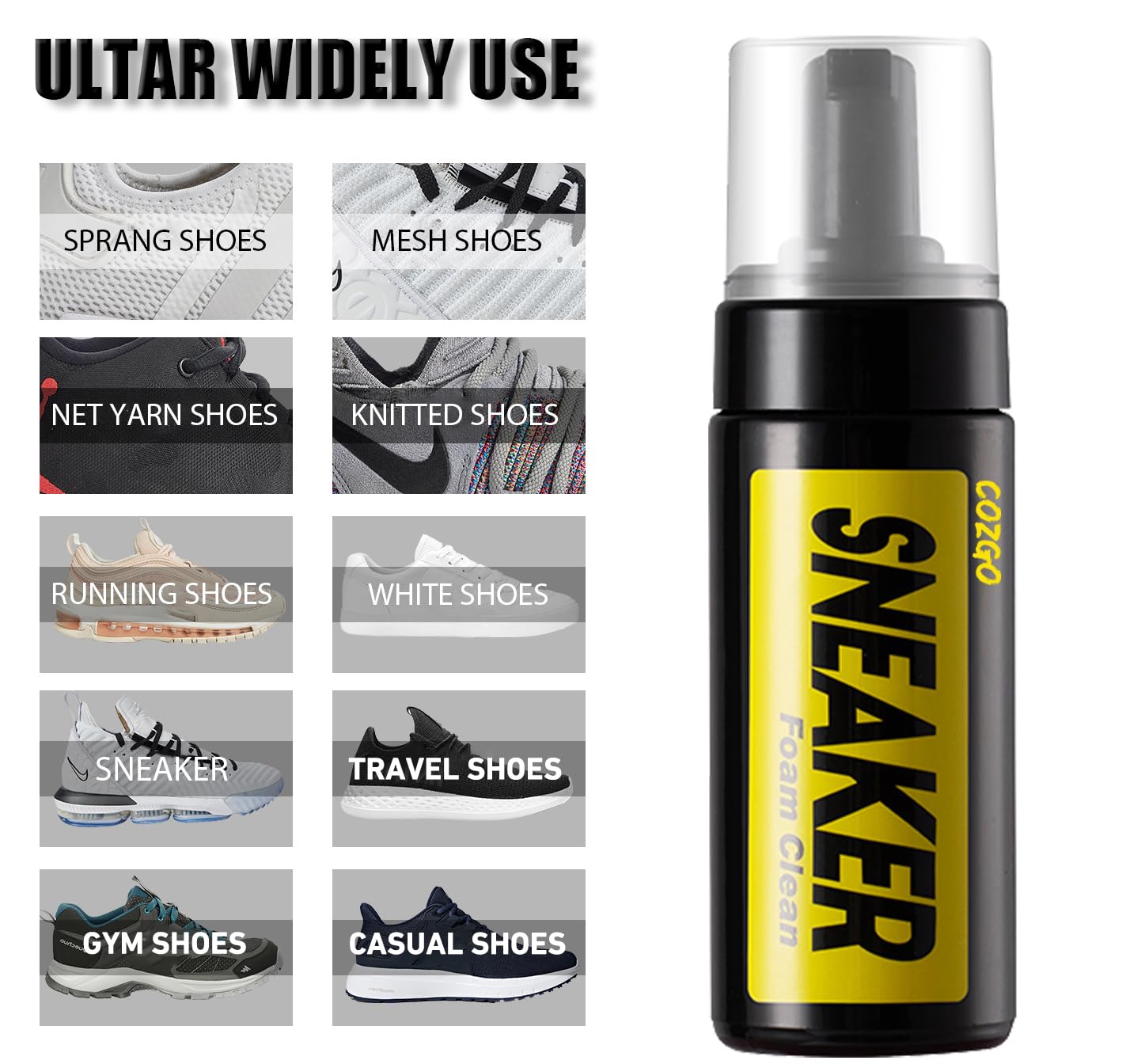 COZGO Store waterless shoe cleaning foam in black and yellow bottle with various shoe types for cleaning use