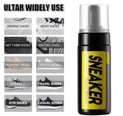 COZGO Store waterless shoe cleaning foam in black and yellow bottle with various shoe types for cleaning use