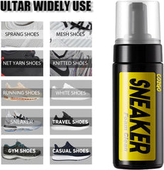 COZGO waterless shoe cleaning foam bottle with examples of shoes it cleans including mesh, running, and casual shoes