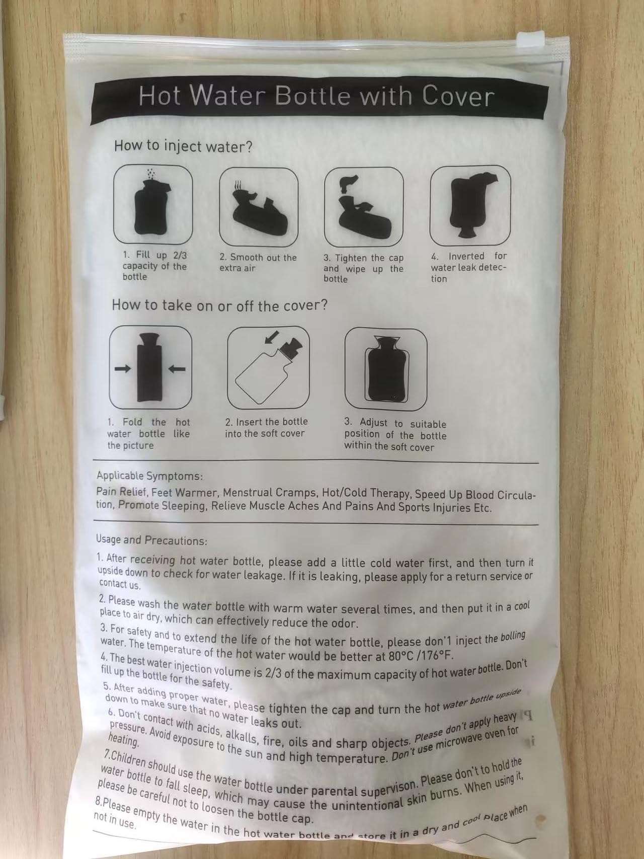 Fythao instructional packaging for hot water bottle with soft cover showing fill and usage diagrams and text