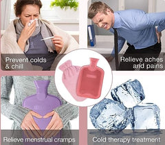HWB hot water bag for pain relief collage showing pink and purple heat packs for cramps colds and aches