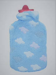 HWB blue plush hot water bag for pain relief with white cloud pattern and pink screw cap for cozy heat therapy