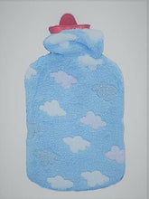 Blue velvet hot water bottle cover with cloud pattern and pink cap