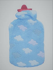 Blue cloud print HWB hot water bag for pain relief with plush fleece cover and pink screw cap