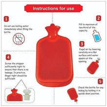 Red hot water bottle with twist stopper, shown with use steps diagram