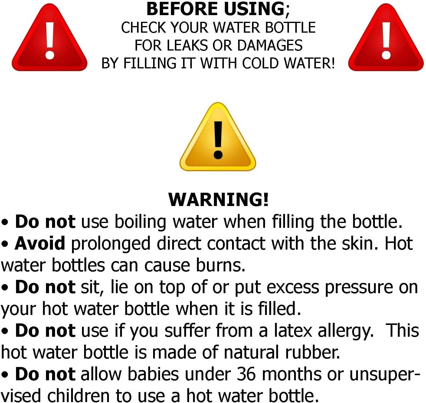 warning label showing safety instructions and icons for hot water bag for pain relief warns against boiling water and infant use