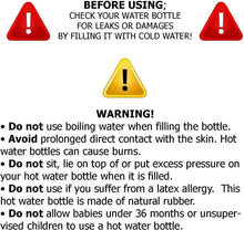 Hot water bottle with warning icons, red rubber bottle