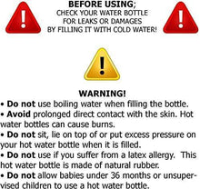 Hot water bottle with warning icons, red rubber bottle