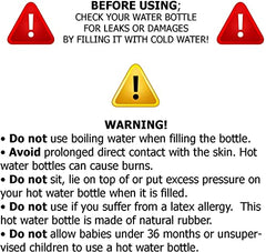 HWB warning label for hot water bag for pain relief with safety instructions about boiling water leaks burns and child use