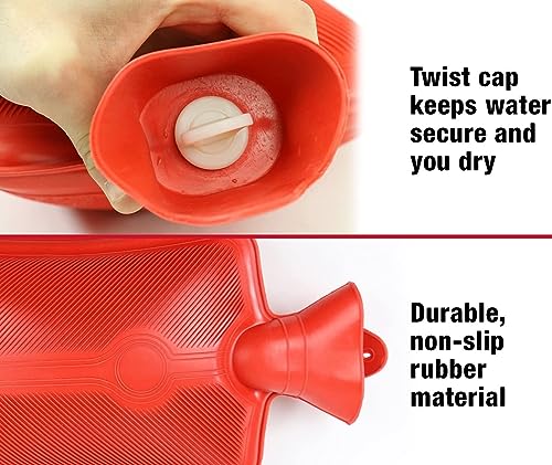 Red rubber hot water bag for pain relief with twist cap and textured non slip surface showing durable material