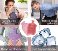 Velvet hot water bottle shown for warm and cold therapy, pink cover