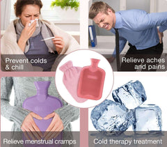 HWB pink and purple hot water bag for pain relief collage showing cold relief back and menstrual pain
