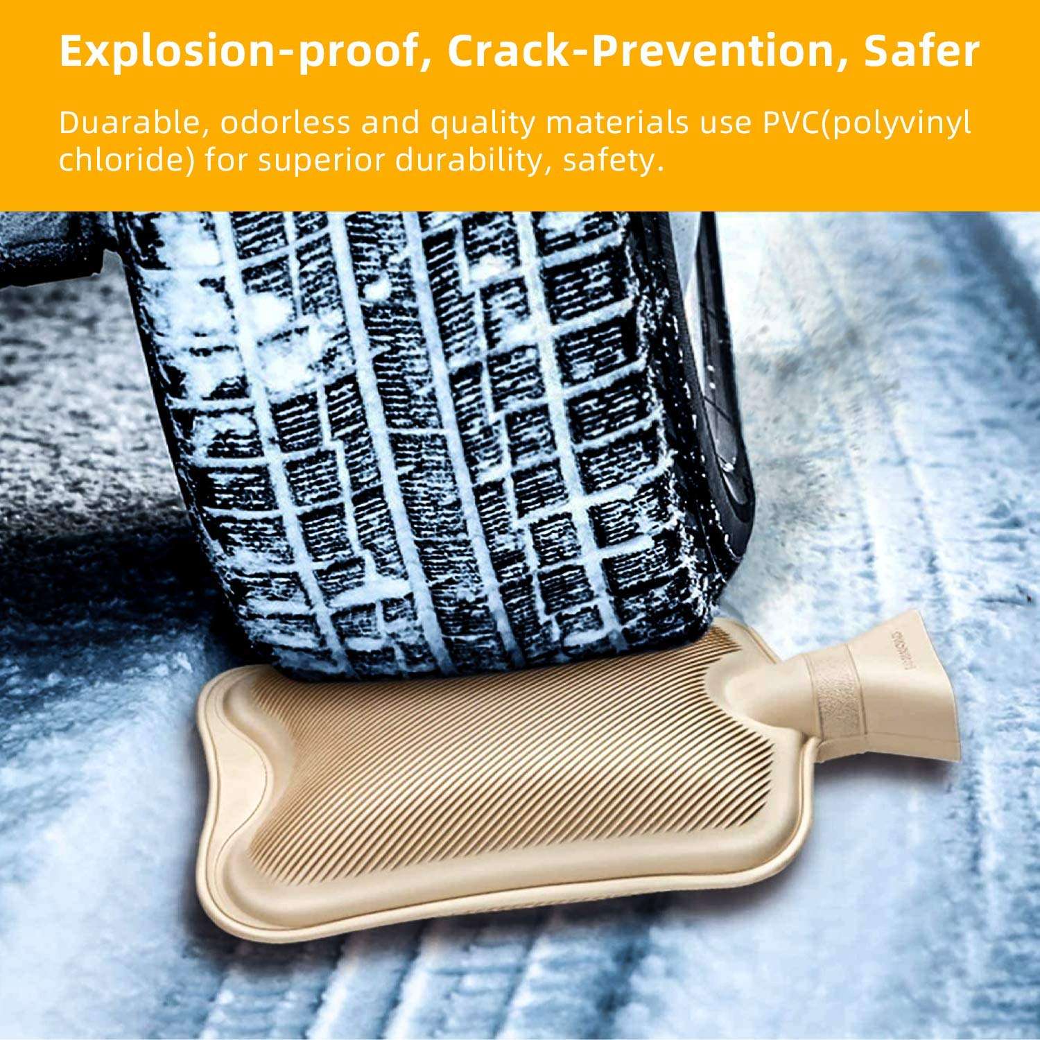 Fythao beige hot water bottle with soft cover on icy surface under car tire showing explosion proof durability