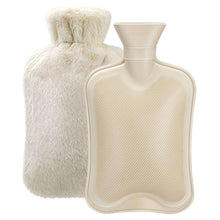 Hot water bottle with soft fleece cover, beige ribbed rubber bottle
