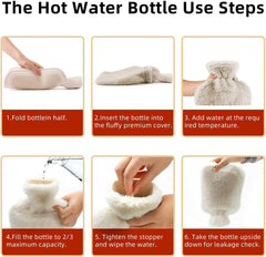 Step by step photos showing folding inserting filling sealing and checking a hot water bottle with soft cover