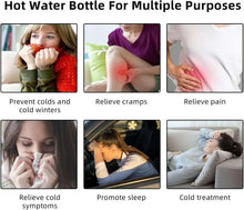 Beige hot water bottle used against body for warmth in multi-photo collage