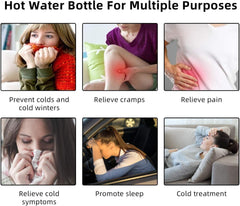 Fythao hot water bottle with soft cover collage showing relief for cramps pain colds and promoting sleep
