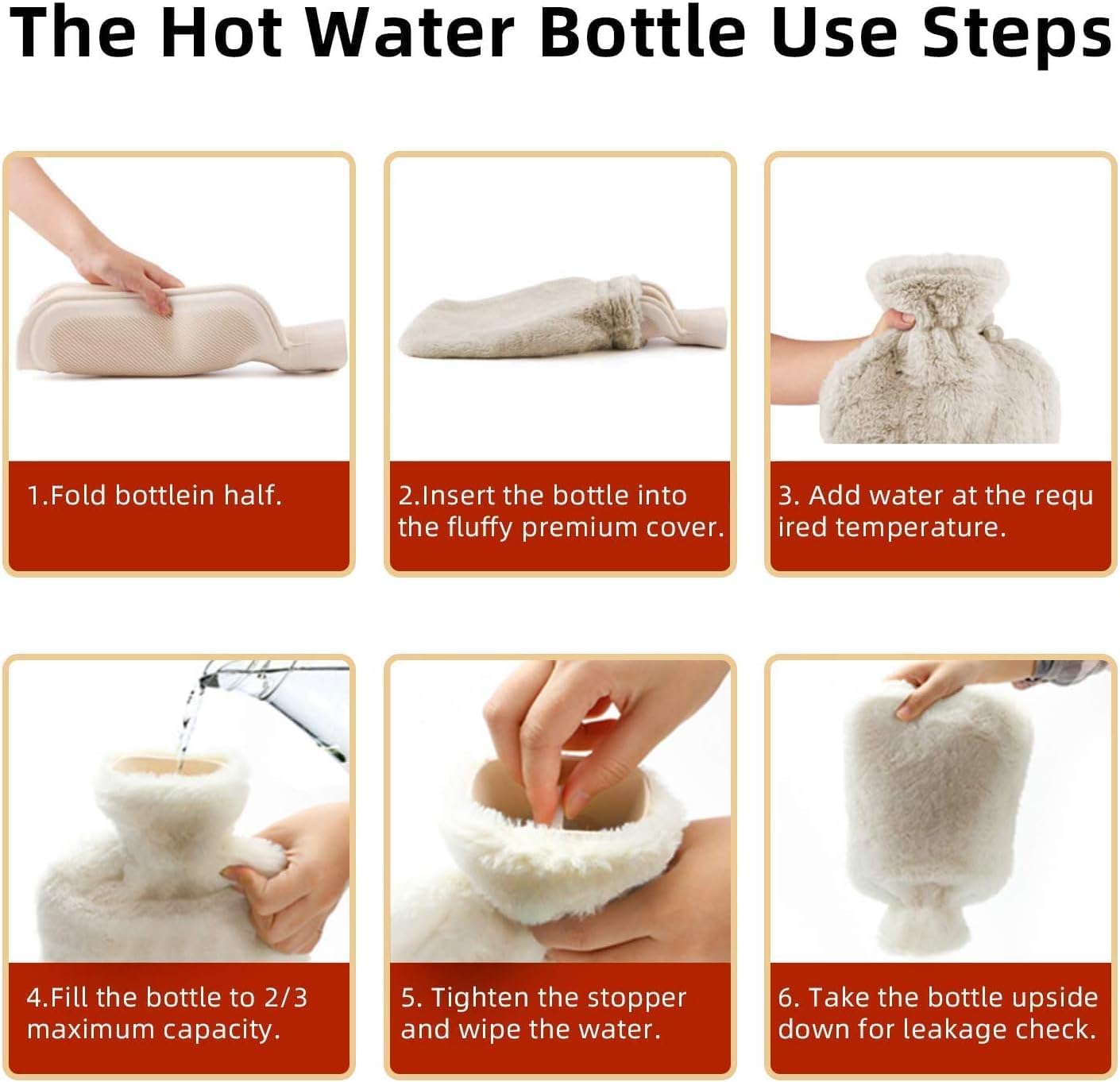 Fythao hot water bottle with soft cover beige plush step by step use instructions showing inserting filling and leak check