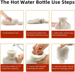 Fythao hot water bottle with soft cover beige plush step by step use instructions showing inserting filling and leak check