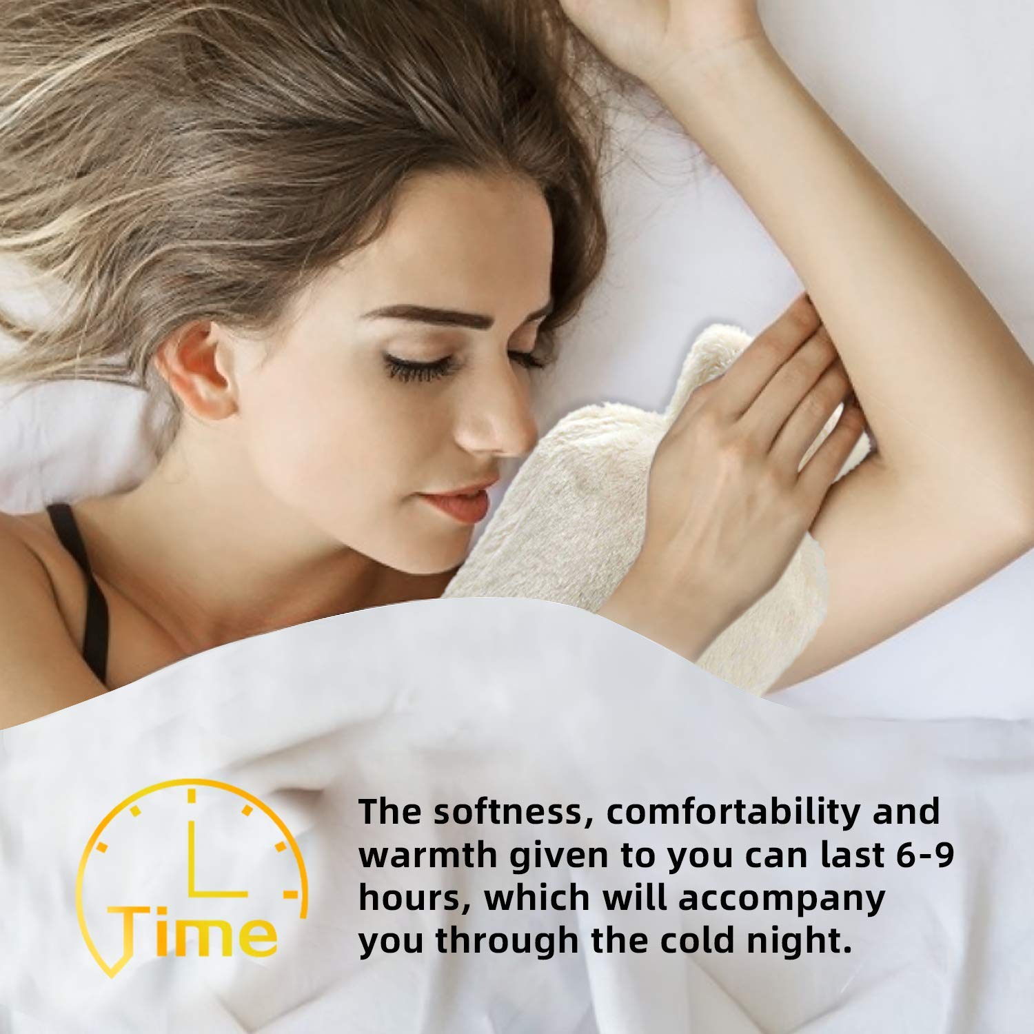 Woman sleeping in bed hugging a beige hot water bottle with soft cover for warmth and comfort
