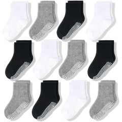 CozyWay grip socks for kids 1-9 years in black white and gray with non-slip dots on soles