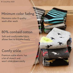 CozyWay grip socks for kids 1-9 years with comfy ankle and non-slip soles stacked on wood surface
