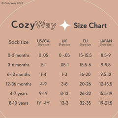 CozyWay size chart for grip socks for kids 1-9 years showing US, UK, EU, and Japan shoe sizes
