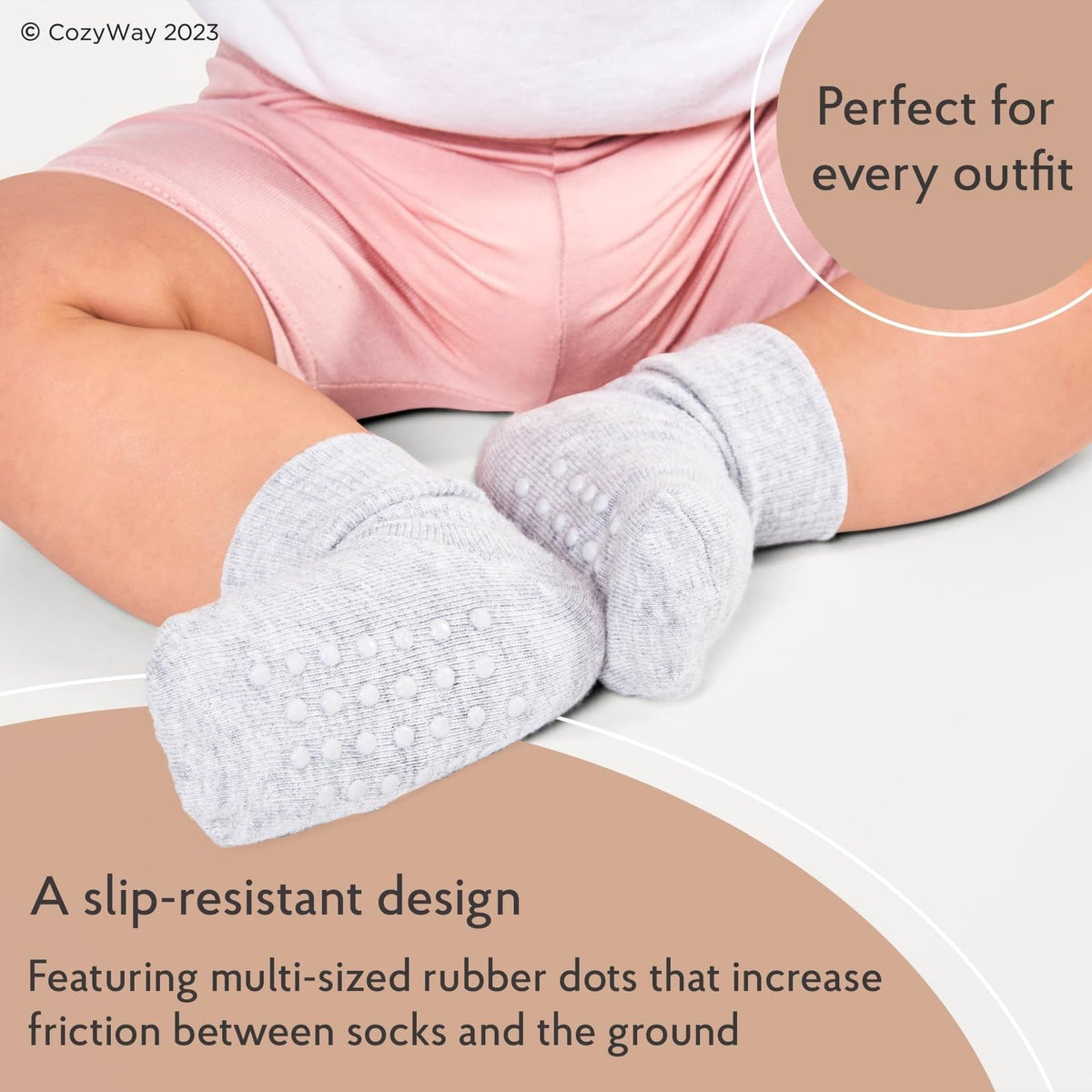 CozyWay grip socks for kids 1-9 years in gray with slip-resistant rubber dots on soles