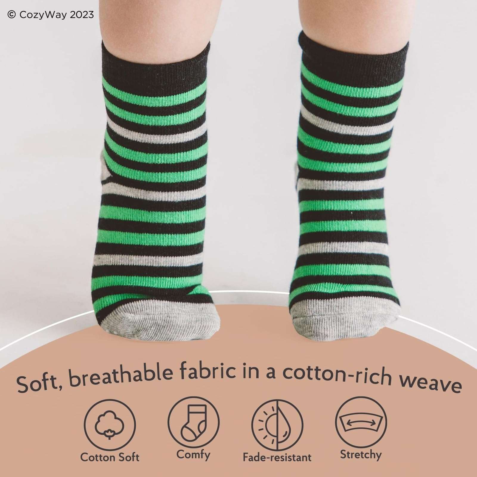 CozyWay striped green black and gray grip socks for kids 1-9 years with soft breathable cotton fabric