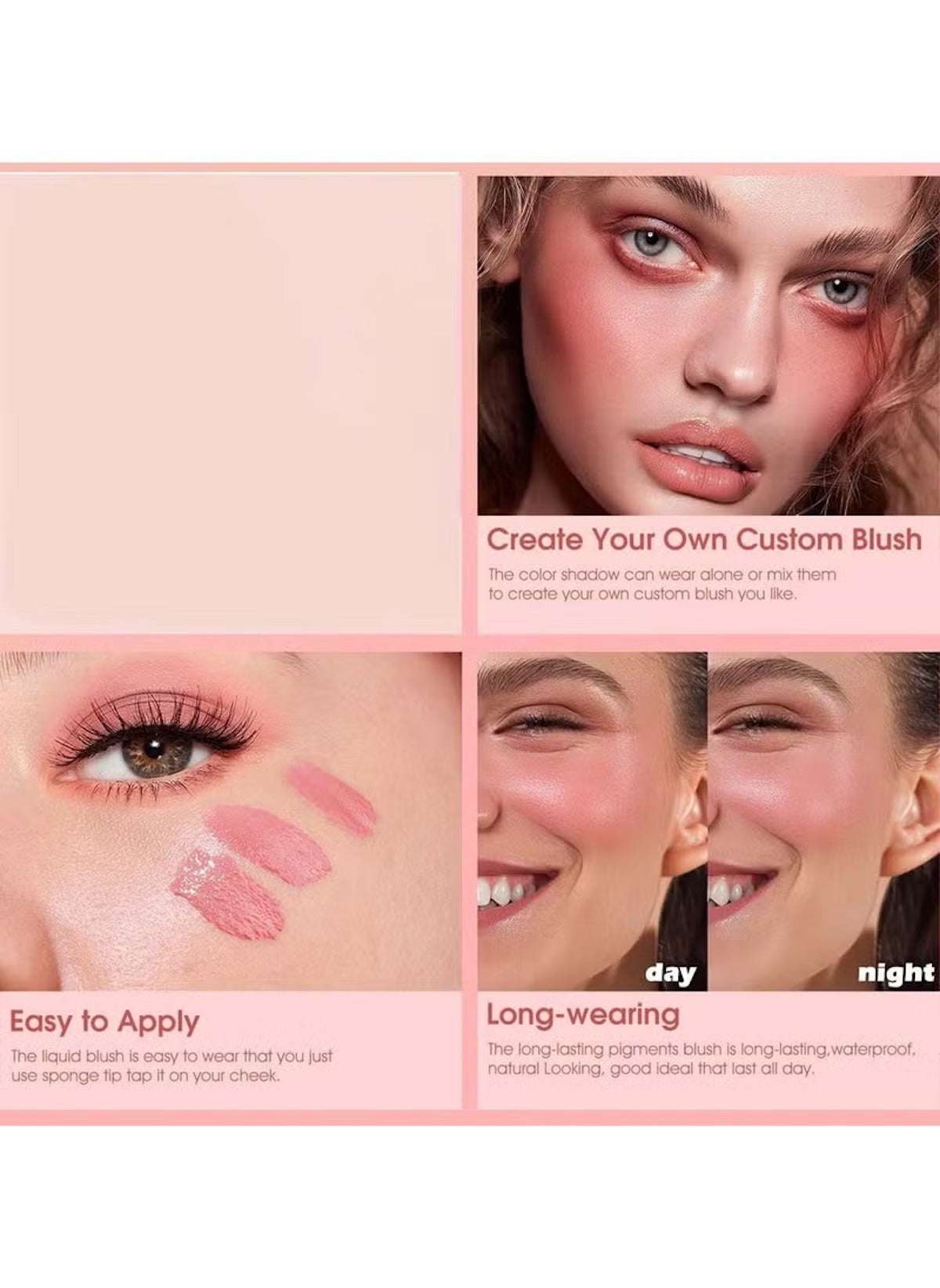 Huitich cream blush with applicator showing smooth pink shades on cheeks and skin swatches