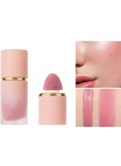 Huitich cream blush with applicator in pink shade shown on face and swatches