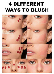 Huitich cream blush with applicator showing 4 different ways to apply blusher on cheeks