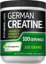 Creatine powder jar with black-green label, 100 servings, 500 grams