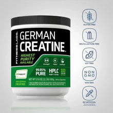 Creatine powder jar with black-green label and supplement icons