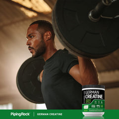 Fitness Labs Creapure German creatine powder used by a man lifting weights in a gym setting