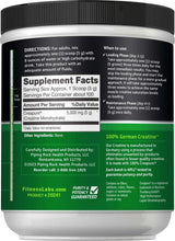 Creatine supplement jar back label with supplement facts and directions