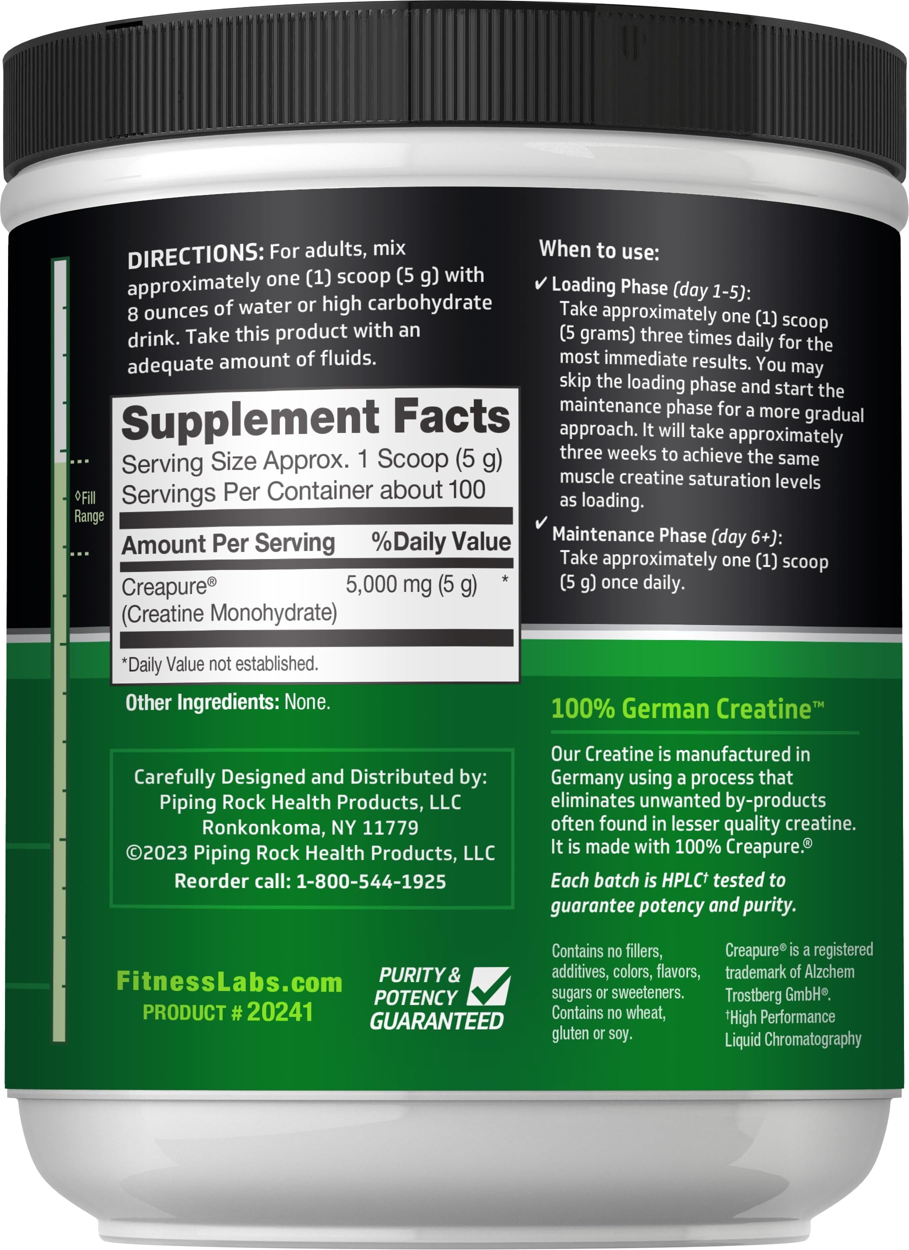Fitness Labs Creapure German creatine powder with clear dosage instructions and supplement facts