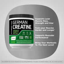 Creatine powder jar with black-green label, supports lean muscle and strength