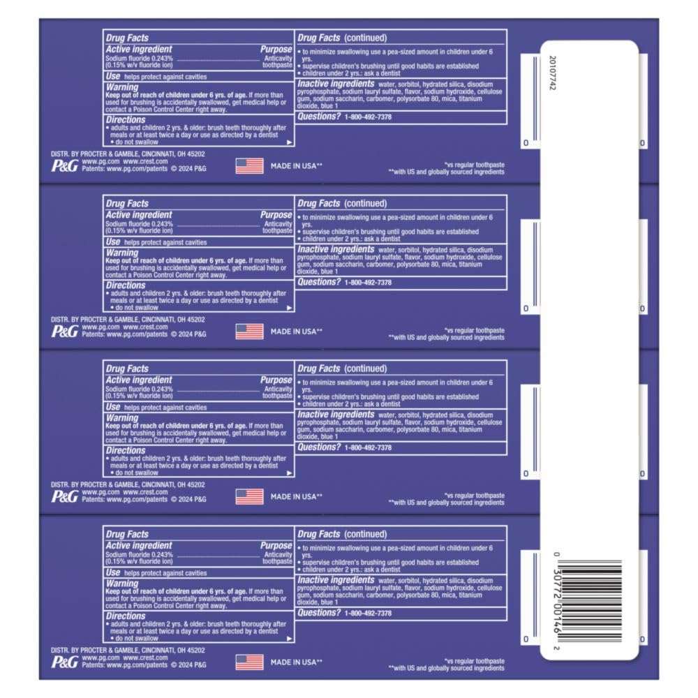 Sheet of purple drug facts labels with barcode P G logo Made in USA and Crest 3D White toothpaste