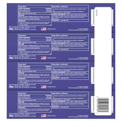 Sheet of purple drug facts labels with barcode P G logo Made in USA and Crest 3D White toothpaste