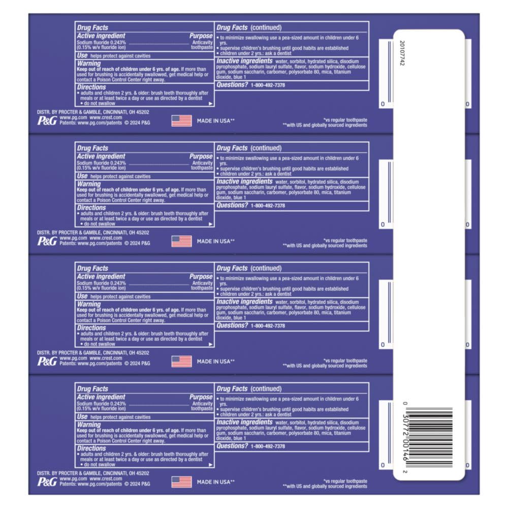 Sheet of purple drug facts labels with barcode P G logo Made in USA and Crest 3D White toothpaste