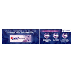Crest 3D White toothpaste packaging banner showing Brilliance formula with 100 percent more stain removal and whitening icons