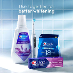 Crest 3D White toothpaste tube with mouthwash Whitestrips and electric toothbrush for teeth whitening