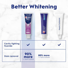 Crest 3D White toothpaste comparison showing whitening tubes and a regular tube with fluoride checks and 90 percent stain removal