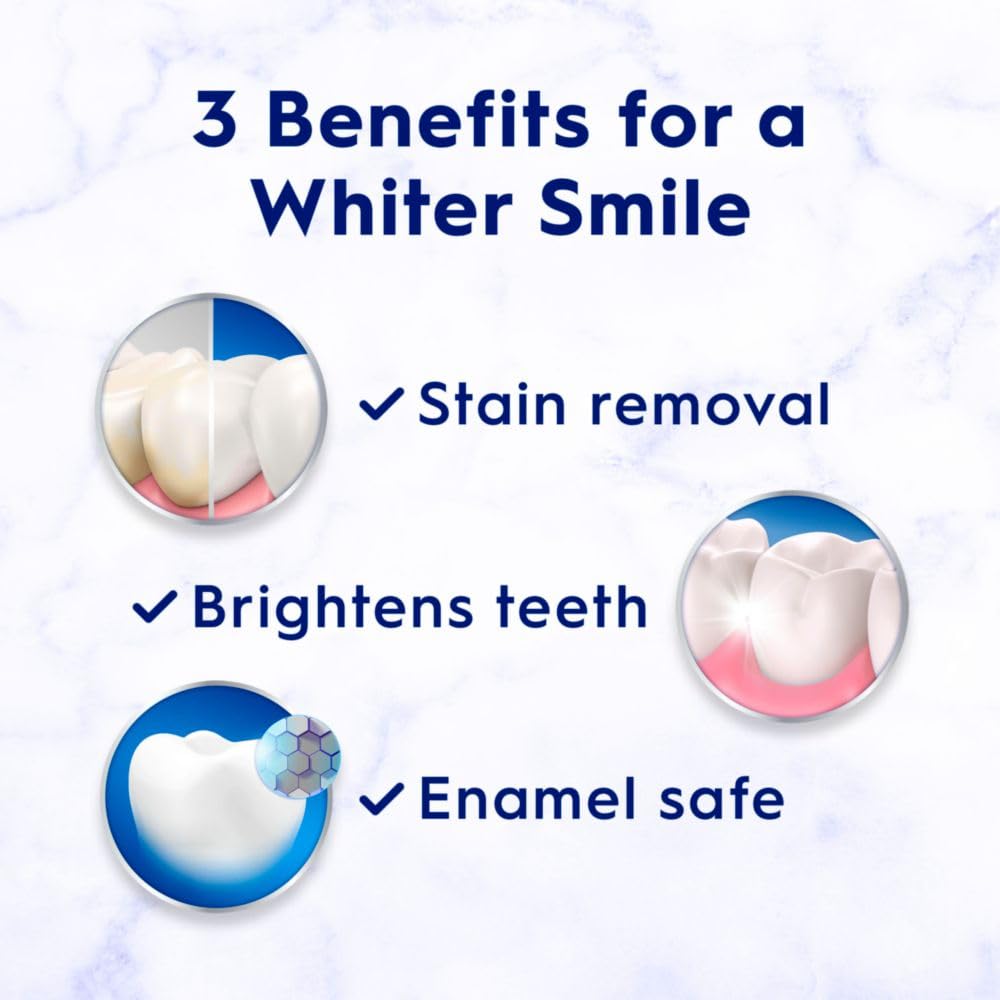 Crest 3D White toothpaste benefits graphic showing stain removal brightens teeth and enamel safe