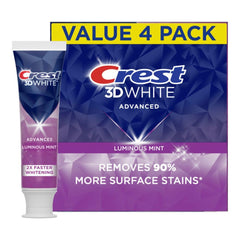 Crest 3D White toothpaste value 4 pack Luminous Mint box and tube showing Advanced formula removes 90 percent surface stains